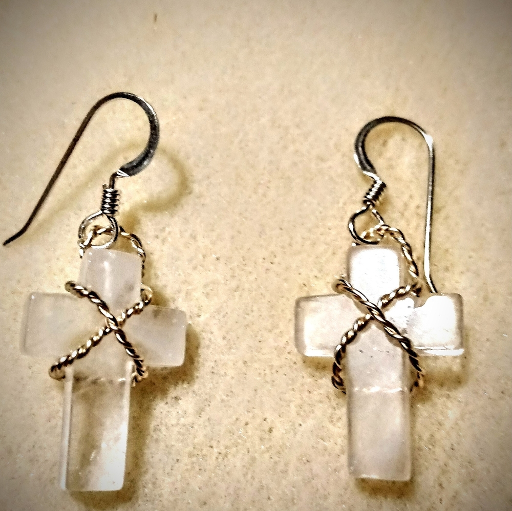 Cross clear quartz earrings